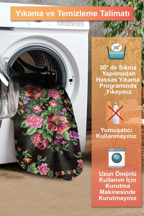 Lusha Şönil Karabağ Desenli Pamuk Tabanlı Yıkanabilen Kaymaz Antibakteriyel  Salon Halısı