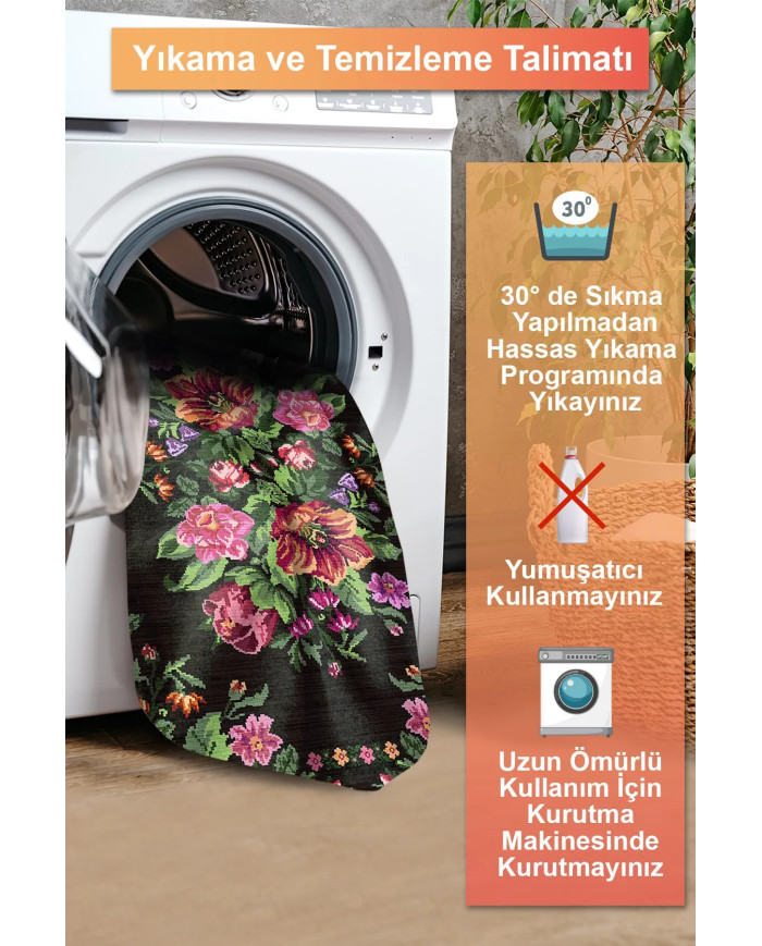 Lusha Şönil Karabağ Desenli Pamuk Tabanlı Yıkanabilen Kaymaz Antibakteriyel  Salon Halısı