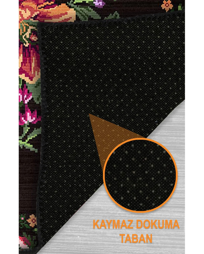 Lusha Şönil Karabağ Desenli Pamuk Tabanlı Yıkanabilen Kaymaz Antibakteriyel  Salon Halısı