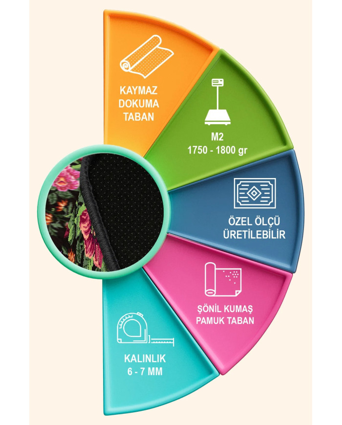 Lusha Şönil Karabağ Desenli Pamuk Tabanlı Yıkanabilen Kaymaz Antibakteriyel  Salon Halısı