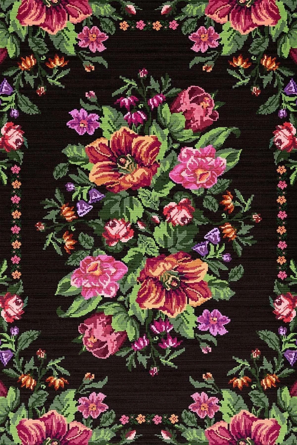 Lusha Şönil Karabağ Desenli Pamuk Tabanlı Yıkanabilen Kaymaz Antibakteriyel  Salon Halısı