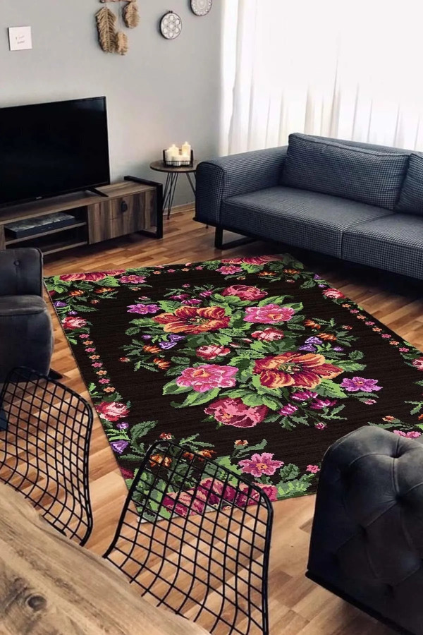 Lusha Şönil Karabağ Desenli Pamuk Tabanlı Yıkanabilen Kaymaz Antibakteriyel  Salon Halısı