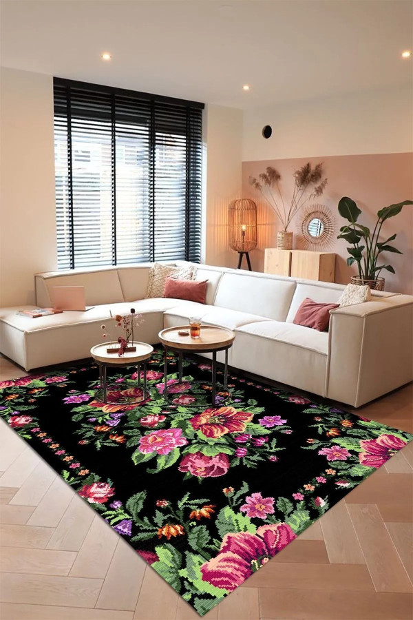 Lusha Şönil Karabağ Desenli Pamuk Tabanlı Yıkanabilen Kaymaz Antibakteriyel  Salon Halısı