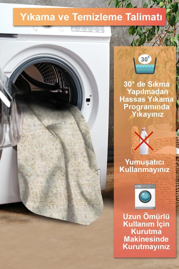 Leysa Vintage Desenli Şönil Pamuk Tabanlı Yıkanabilen Kaymaz Antibakteriyel Salon Halısı