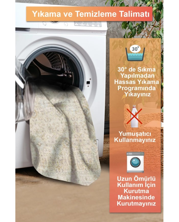 Leysa Vintage Desenli Şönil Pamuk Tabanlı Yıkanabilen Kaymaz Antibakteriyel Salon Halısı