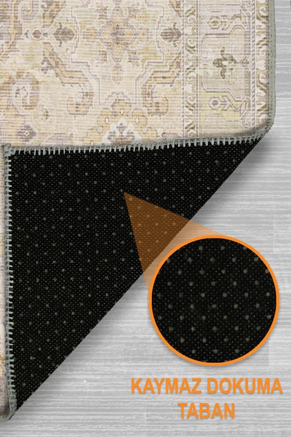 Leysa Vintage Desenli Şönil Pamuk Tabanlı Yıkanabilen Kaymaz Antibakteriyel Salon Halısı