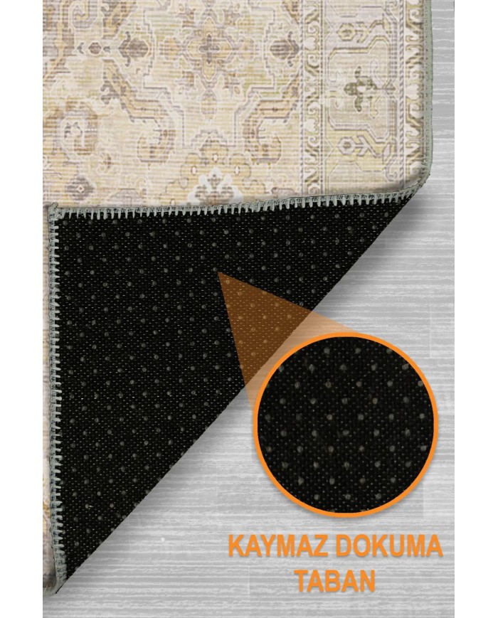 Leysa Vintage Desenli Şönil Pamuk Tabanlı Yıkanabilen Kaymaz Antibakteriyel Salon Halısı