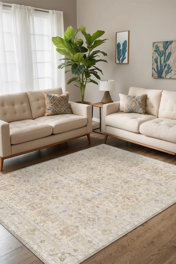 Leysa Vintage Desenli Şönil Pamuk Tabanlı Yıkanabilen Kaymaz Antibakteriyel Salon Halısı