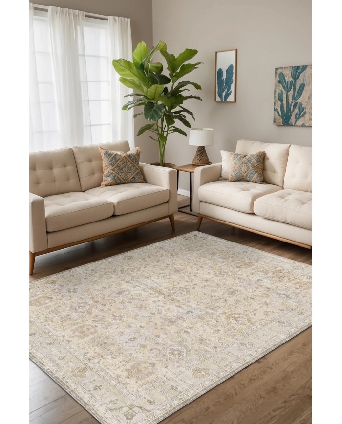 Leysa Vintage Desenli Şönil Pamuk Tabanlı Yıkanabilen Kaymaz Antibakteriyel Salon Halısı