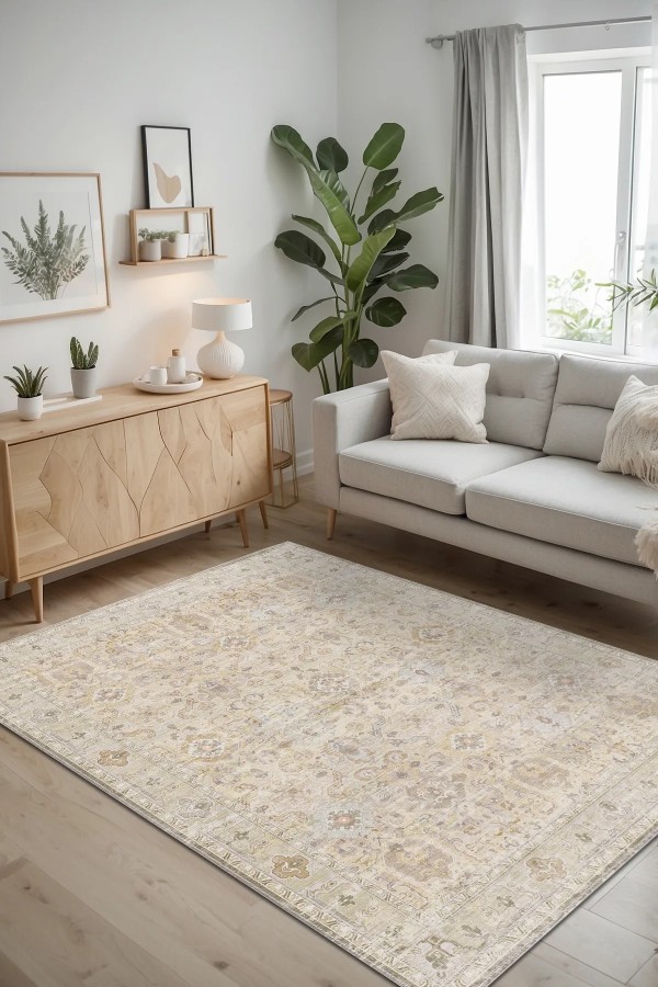 Leysa Vintage Desenli Şönil Pamuk Tabanlı Yıkanabilen Kaymaz Antibakteriyel Salon Halısı