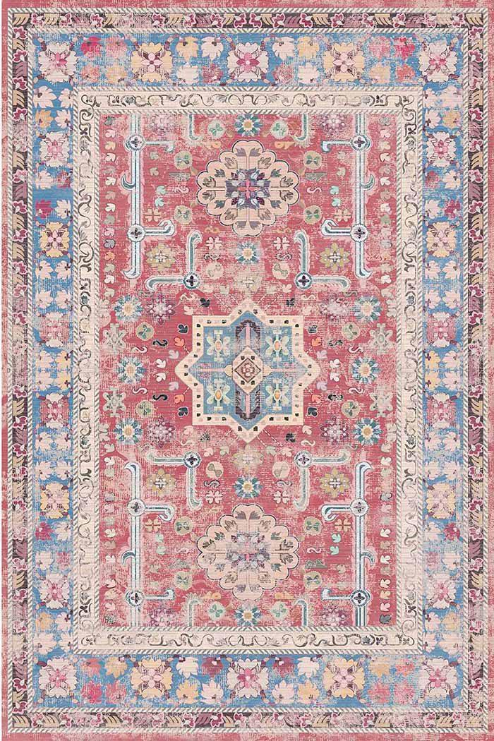 Blue Rosso Vintage Desenli Pamuk Tabanlı Yıkanabilen Kaydırmaz Antibakteriyel Şönil Salon Halısı - Aydahome