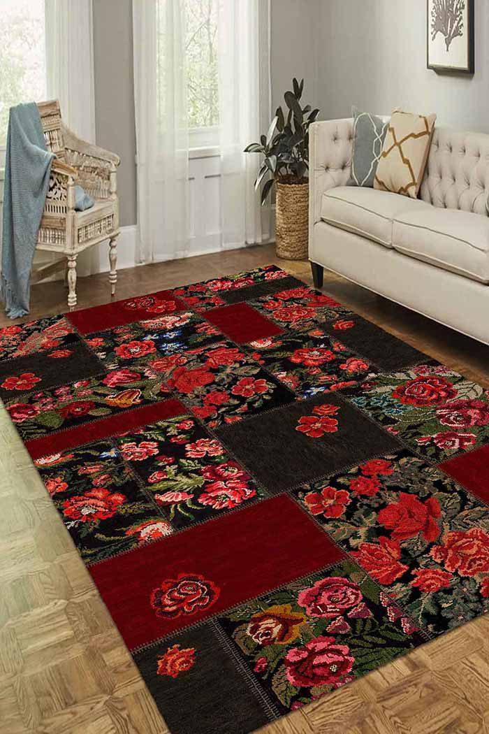Hope Patchwork Desenli Pamuk Tabanlı Yıkanabilen Kaydırmaz Antibakteriyel Şönil Salon Halısı - Aydahome