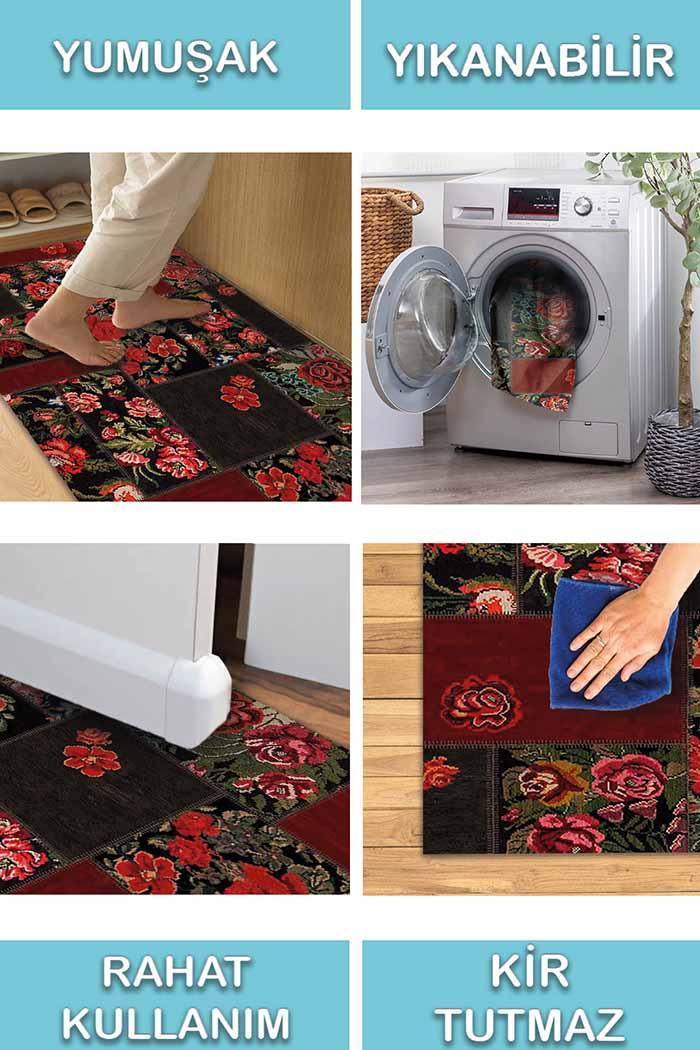 Hope Patchwork Desenli Pamuk Tabanlı Yıkanabilen Kaydırmaz Antibakteriyel Şönil Salon Halısı - Aydahome