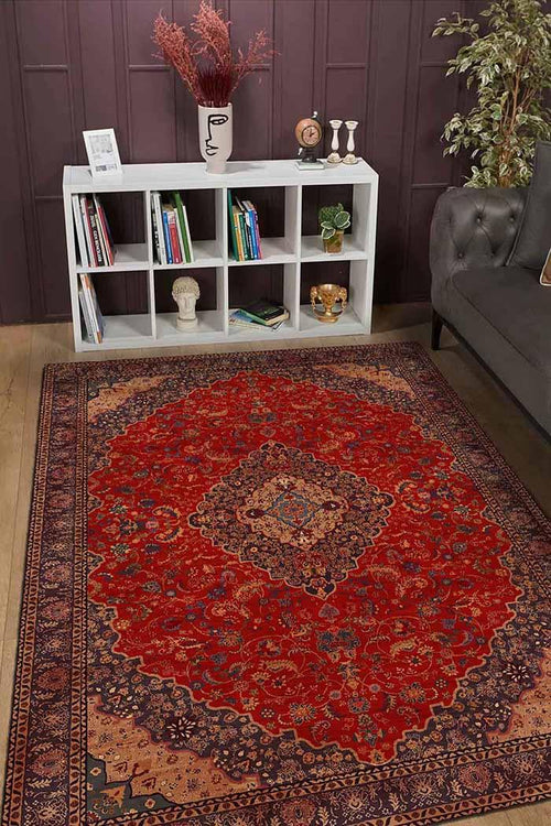 Marigold Vintage Desenli Pamuk Tabanlı Yıkanabilen Kaydırmaz Antibakteriyel Şönil Salon Halısı - Aydahome