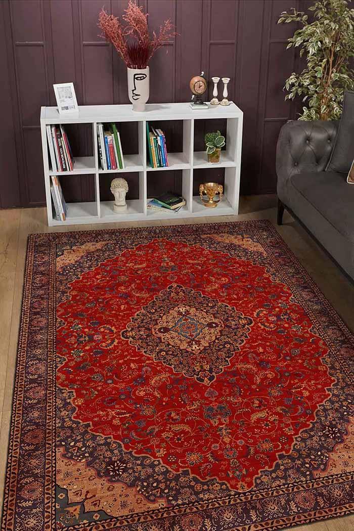 Marigold Vintage Desenli Pamuk Tabanlı Yıkanabilen Kaydırmaz Antibakteriyel Şönil Salon Halısı - Aydahome