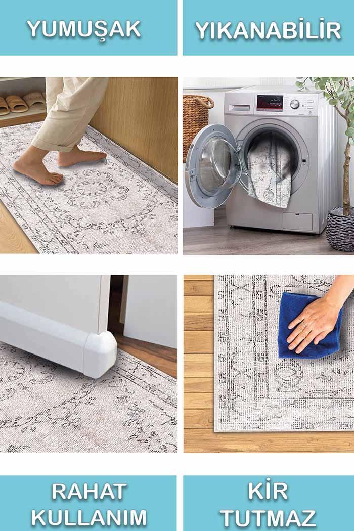 Milkyelegance Vintage Desenli Pamuk Tabanlı Yıkanabilen Kaydırmaz Antibakteriyel Şönil Salon Halısı - Aydahome