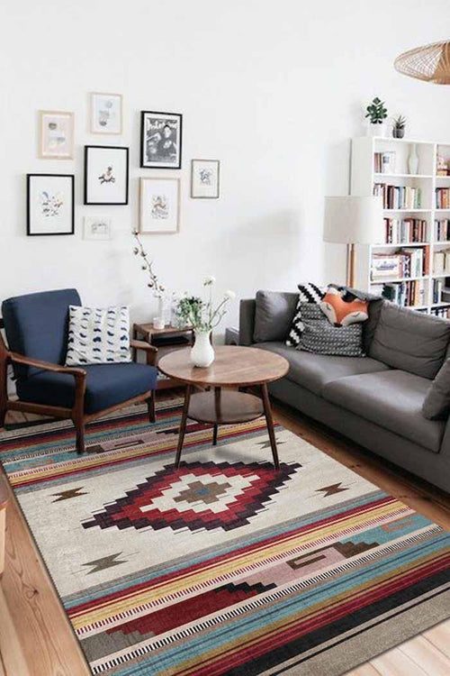 Misty Kilim Desenli Pamuk Tabanlı Yıkanabilen Kaydırmaz Antibakteriyel Şönil Salon Halısı - Aydahome