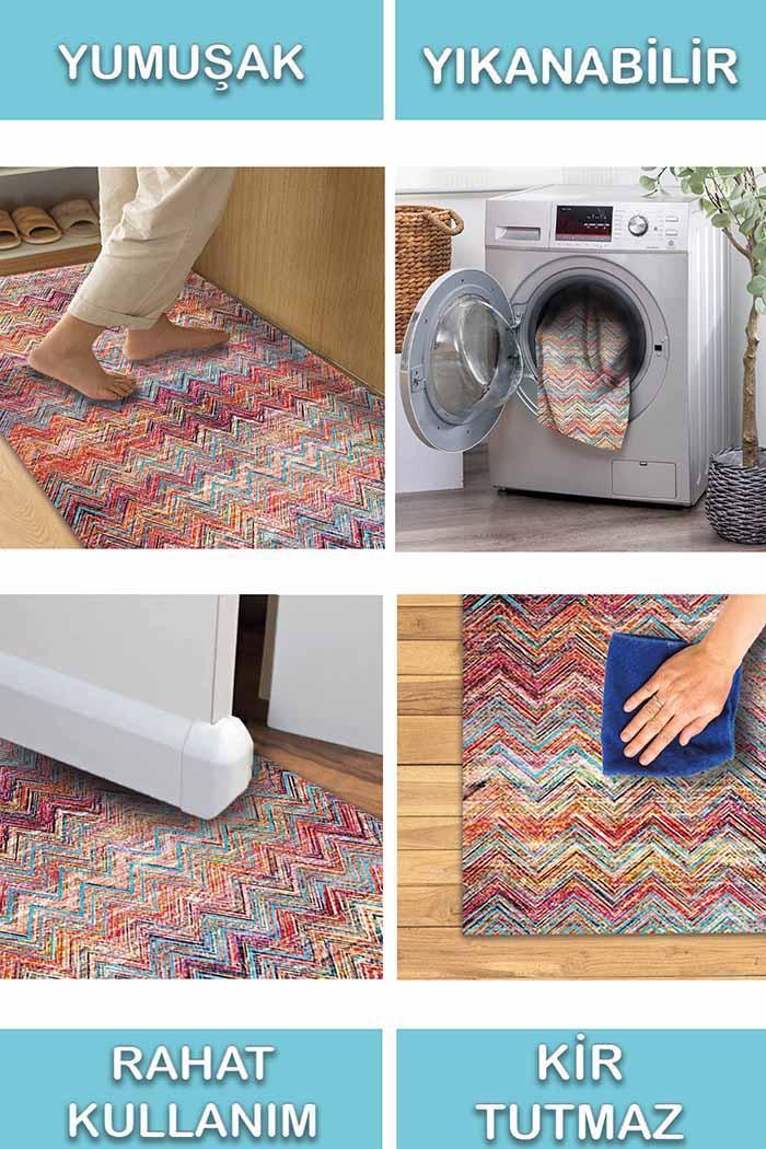 Missoni Kilim Desenli Pamuk Tabanlı Yıkanabilen Kaydırmaz Antibakteriyel Şönil Salon Halısı - Aydahome