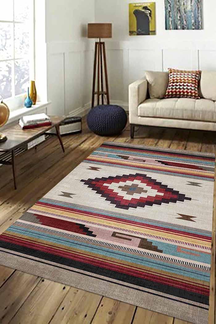 Misty Kilim Desenli Pamuk Tabanlı Yıkanabilen Kaydırmaz Antibakteriyel Şönil Salon Halısı - Aydahome