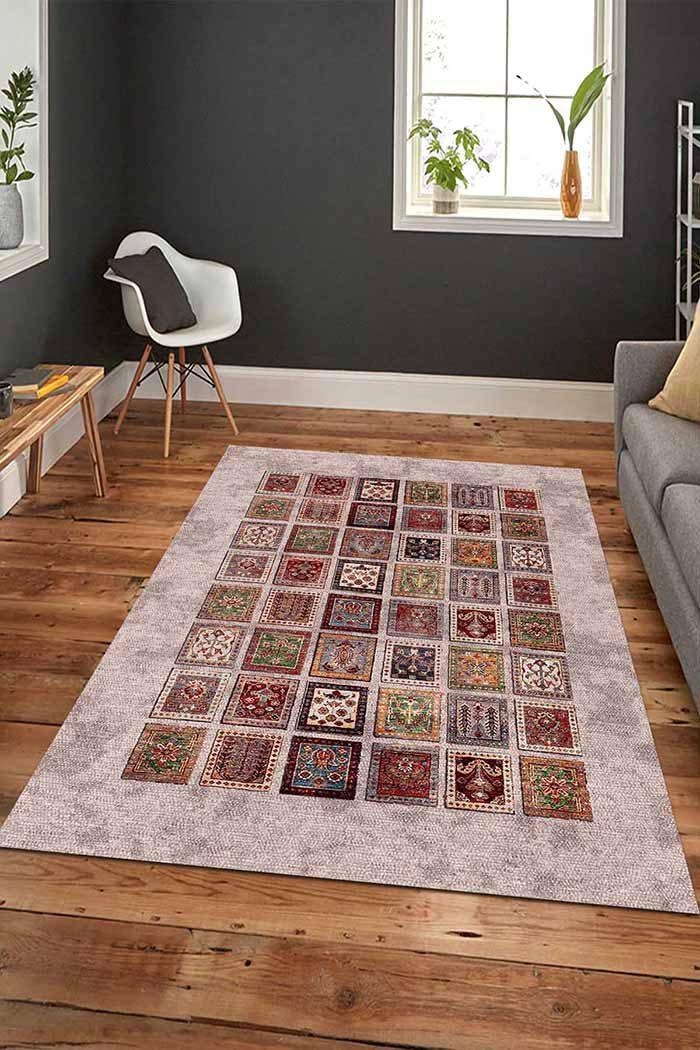 Puzzle Vintage Desenli Pamuk Tabanlı Yıkanabilen Kaydırmaz Antibakteriyel Şönil Salon Halısı - Aydahome