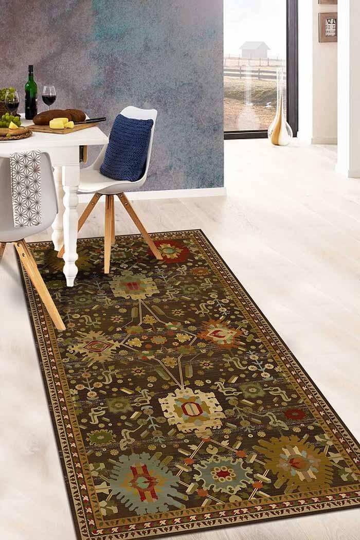 Valerie Vintage Desenli Şönil Pamuk Tabanlı Yıkanabilen Kaydırmaz Antibakteriyel Salon Halısı - Aydahome