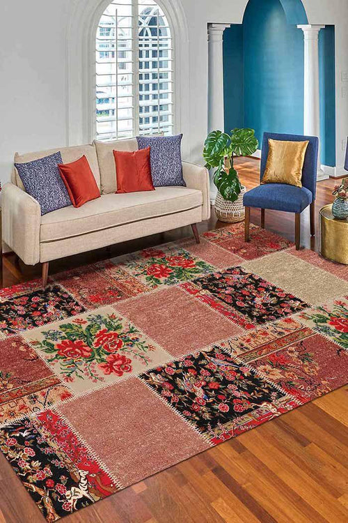 Zelda Patchwork Desenli Pamuk Tabanlı Yıkanabilen Kaydırmaz Antibakteriyel Şönil Salon Halısı - Aydahome