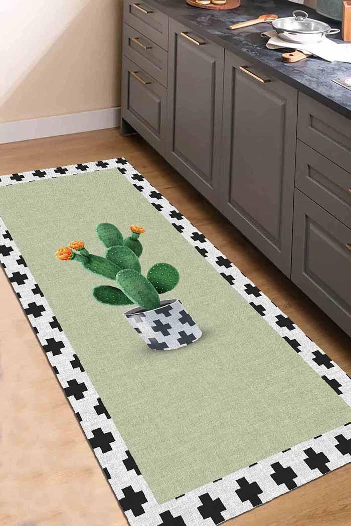 Cactus Modern Şönil Pamuk Tabanlı Yıkanabilen Kaydırmaz Antibakteriyel Mutfak Halısı - Aydahome