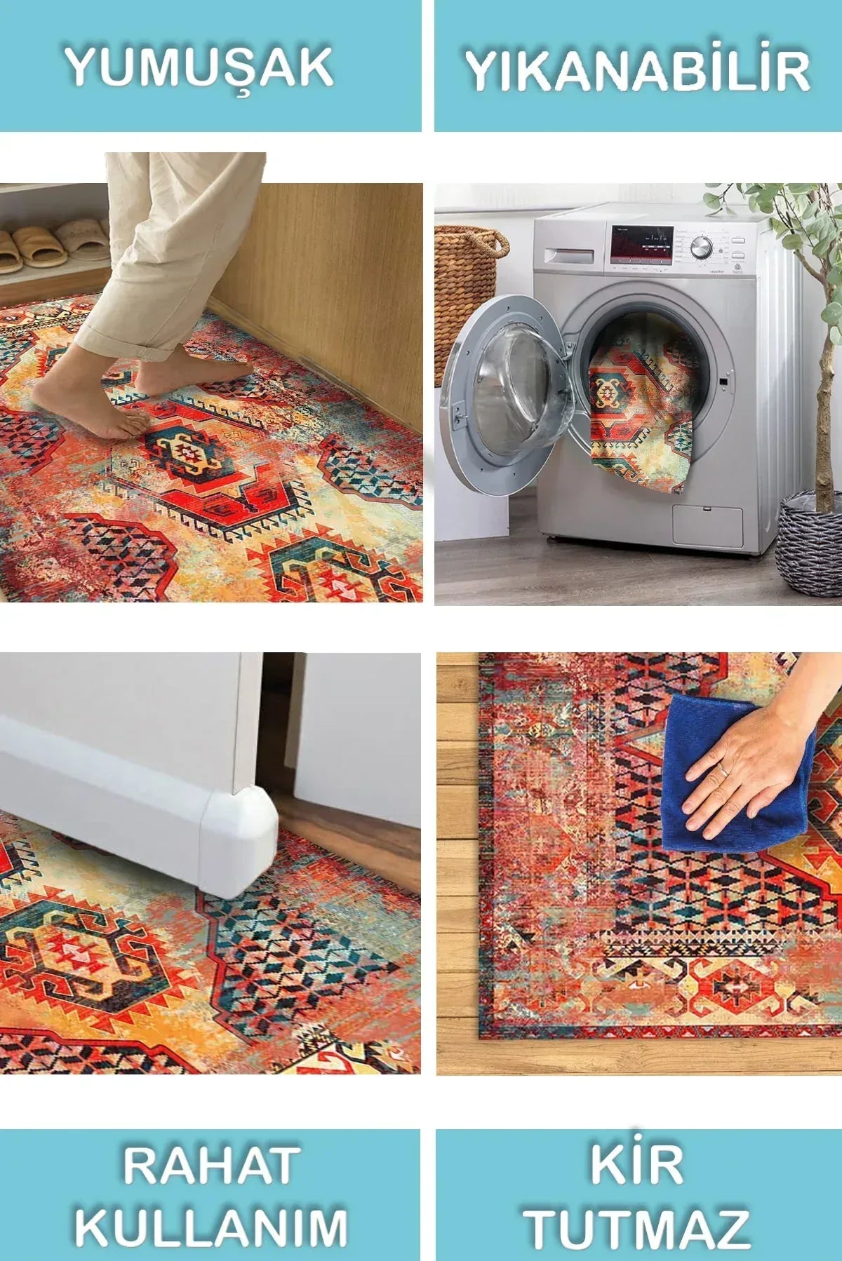 Anemo Desenli Pamuk Tabanlı Yıkanabilen Kaymaz Antibakteriyel Şönil Salon Halısı - Aydahome