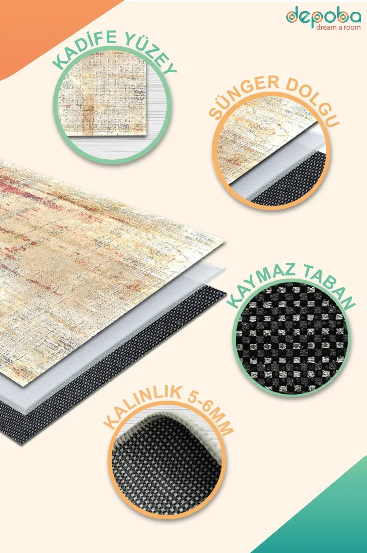 Motto Modern Kadife Yıkanabilir Kaymaz Pamuk Tabanlı Antibakteriyel Salon Halısı - Aydahome