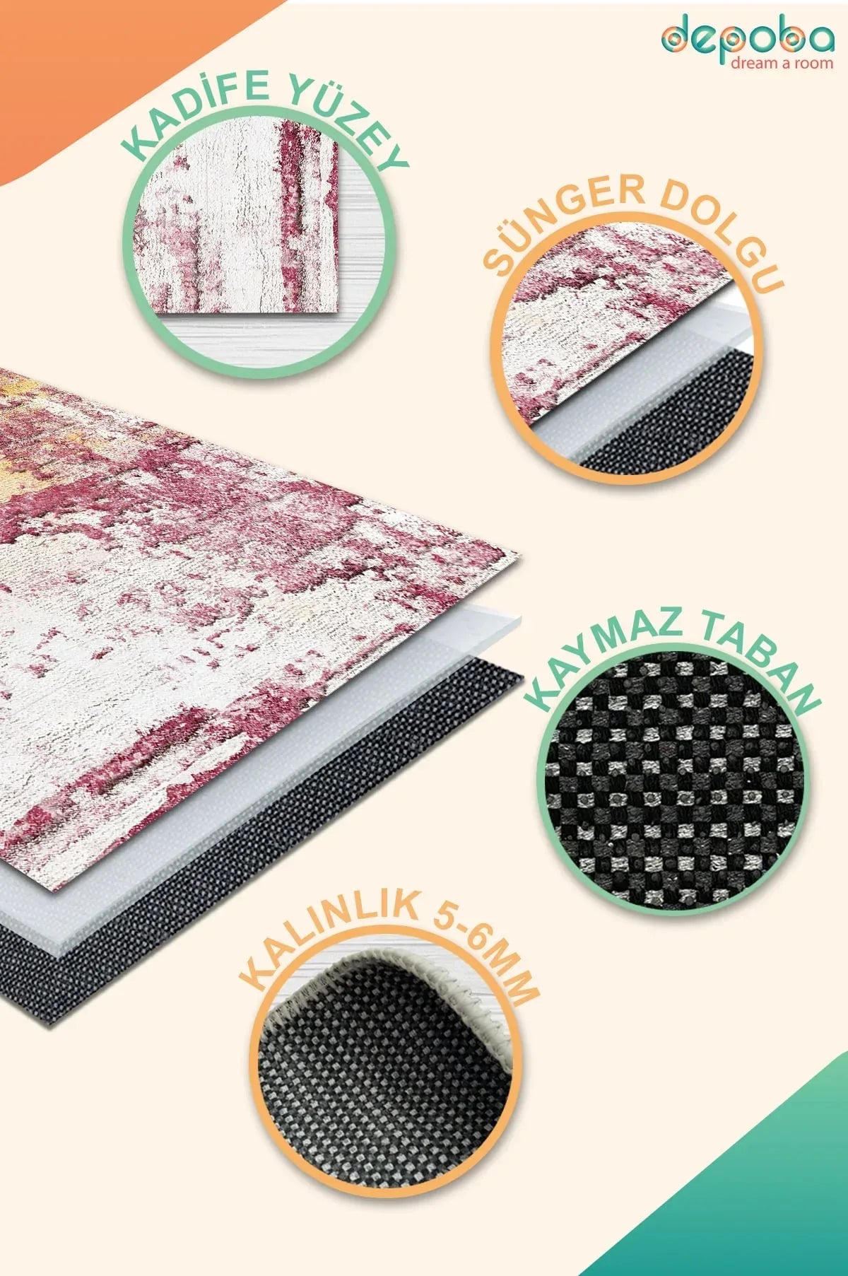 Sally Modern Kadife Yıkanabilir Kaymaz Pamuk Tabanlı Antibakteriyel Salon Halısı - Aydahome