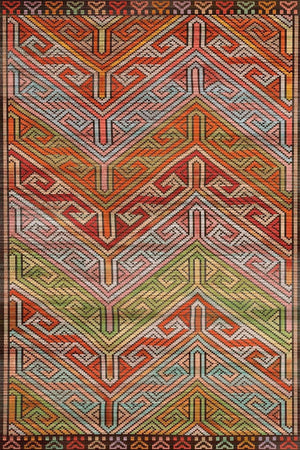 Gale Kilim Desenli Pamuk Tabanlı Yıkanabilen Kaymaz Antibakteriyel Şönil Salon Halısı - Aydahome