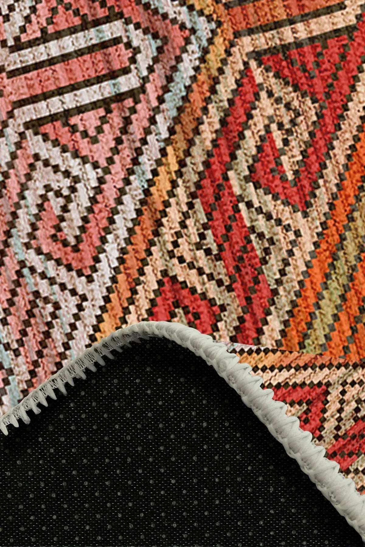 Gale Kilim Desenli Pamuk Tabanlı Yıkanabilen Kaymaz Antibakteriyel Şönil Salon Halısı - Aydahome