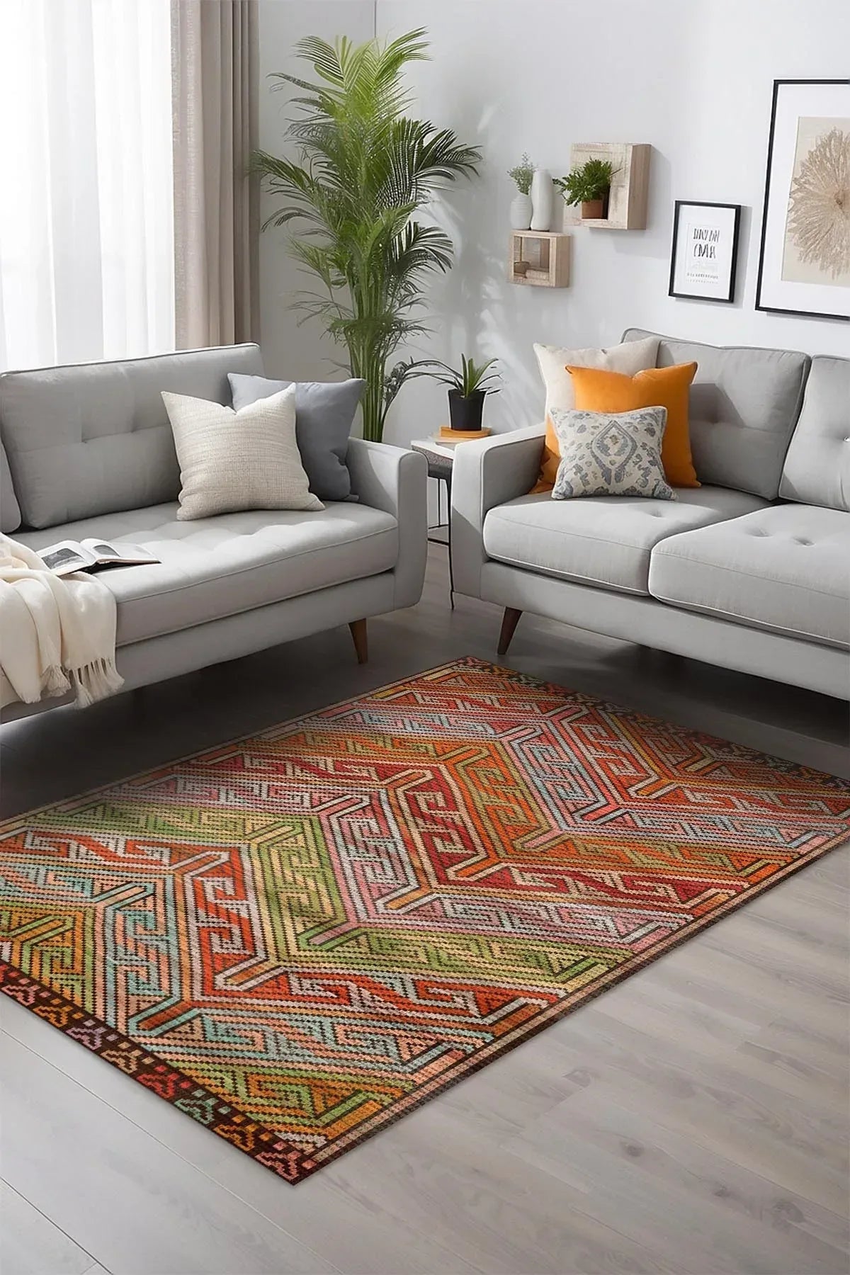 Gale Kilim Desenli Pamuk Tabanlı Yıkanabilen Kaymaz Antibakteriyel Şönil Salon Halısı - Aydahome