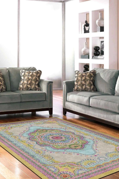 Jefes Vintage Desenli Pamuk Tabanlı Yıkanabilen Kaymaz Antibakteriyel Şönil Salon Halısı - Aydahome