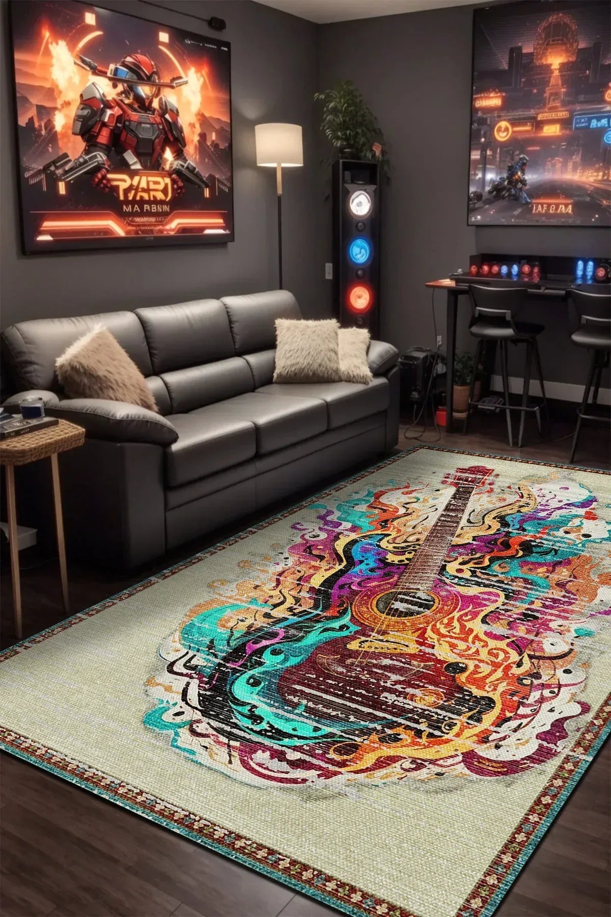 Guitar Modern Şönil Gamer Halısı Pamuk Tabanlı Yıkanabilen Kaymaz Genç Odası Oyuncu Gaming Halısı - Aydahome