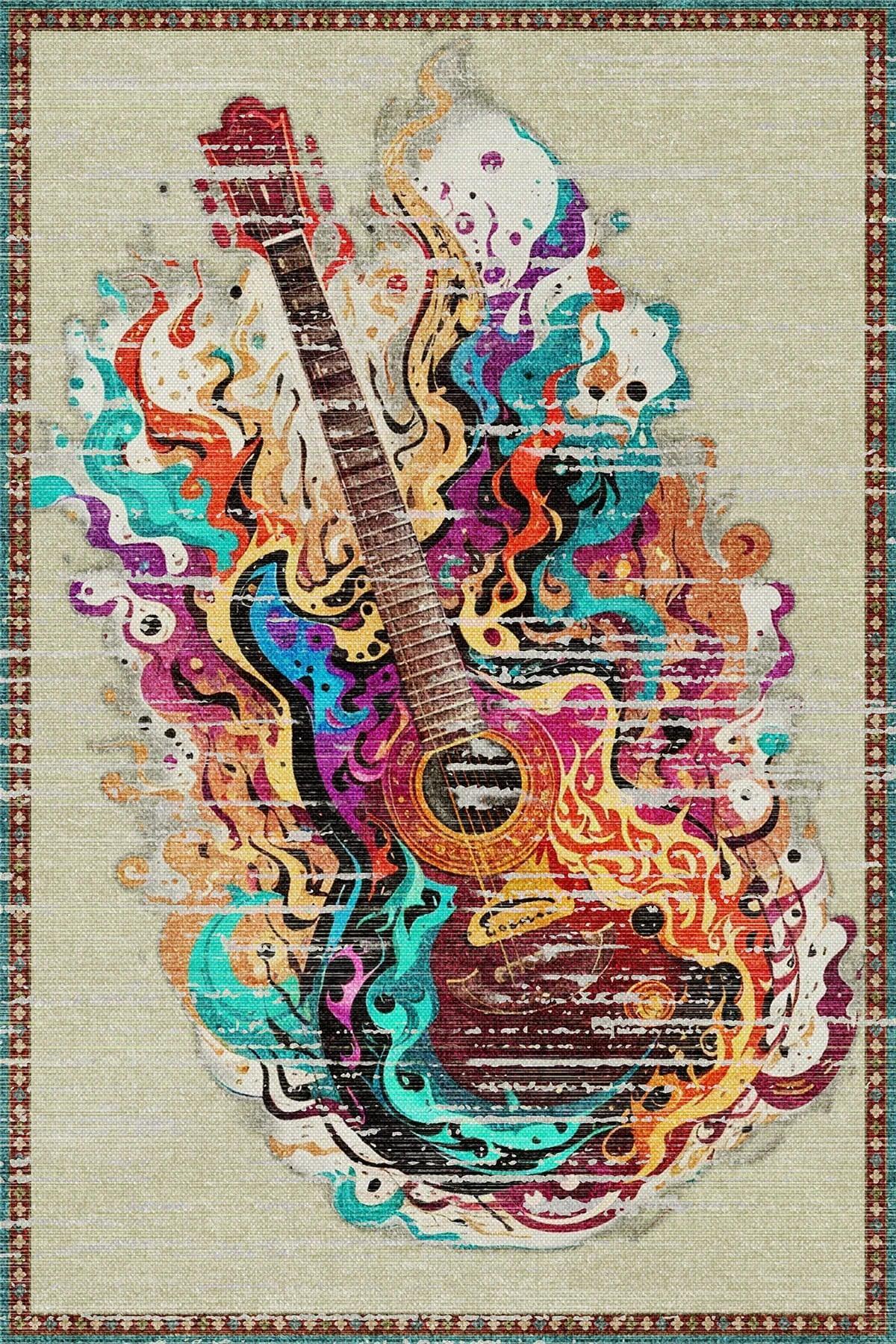 Guitar Modern Şönil Gamer Halısı Pamuk Tabanlı Yıkanabilen Kaymaz Genç Odası Oyuncu Gaming Halısı - Aydahome
