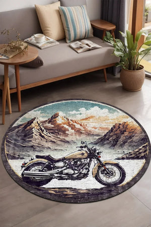 Motorcyle Modern Şönil Pamuk Tabanlı Yıkanabilen Kaymaz Antibakteriyel Yuvarlak Halı - Aydahome