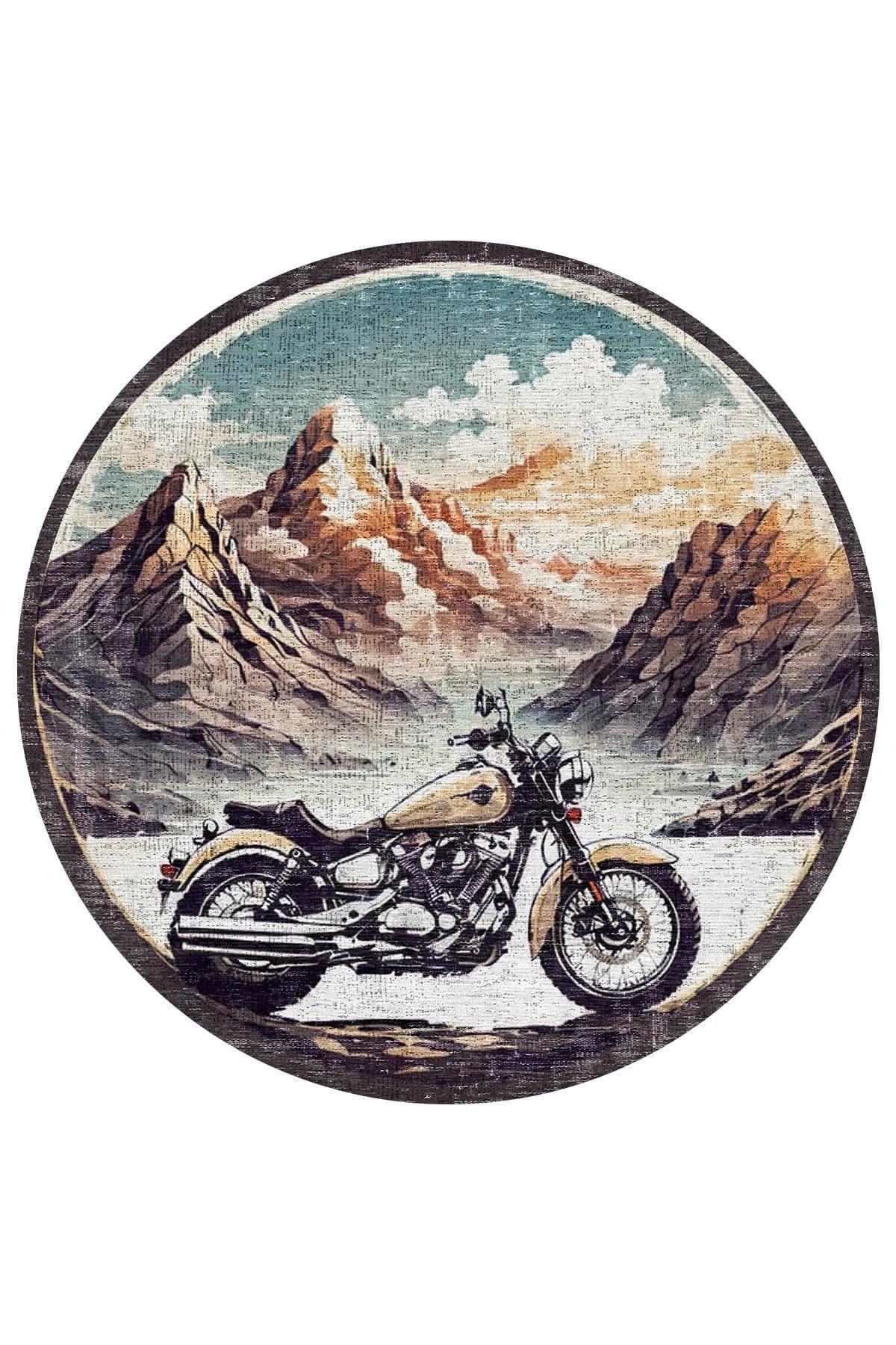 Motorcyle Modern Şönil Pamuk Tabanlı Yıkanabilen Kaymaz Antibakteriyel Yuvarlak Halı - Aydahome