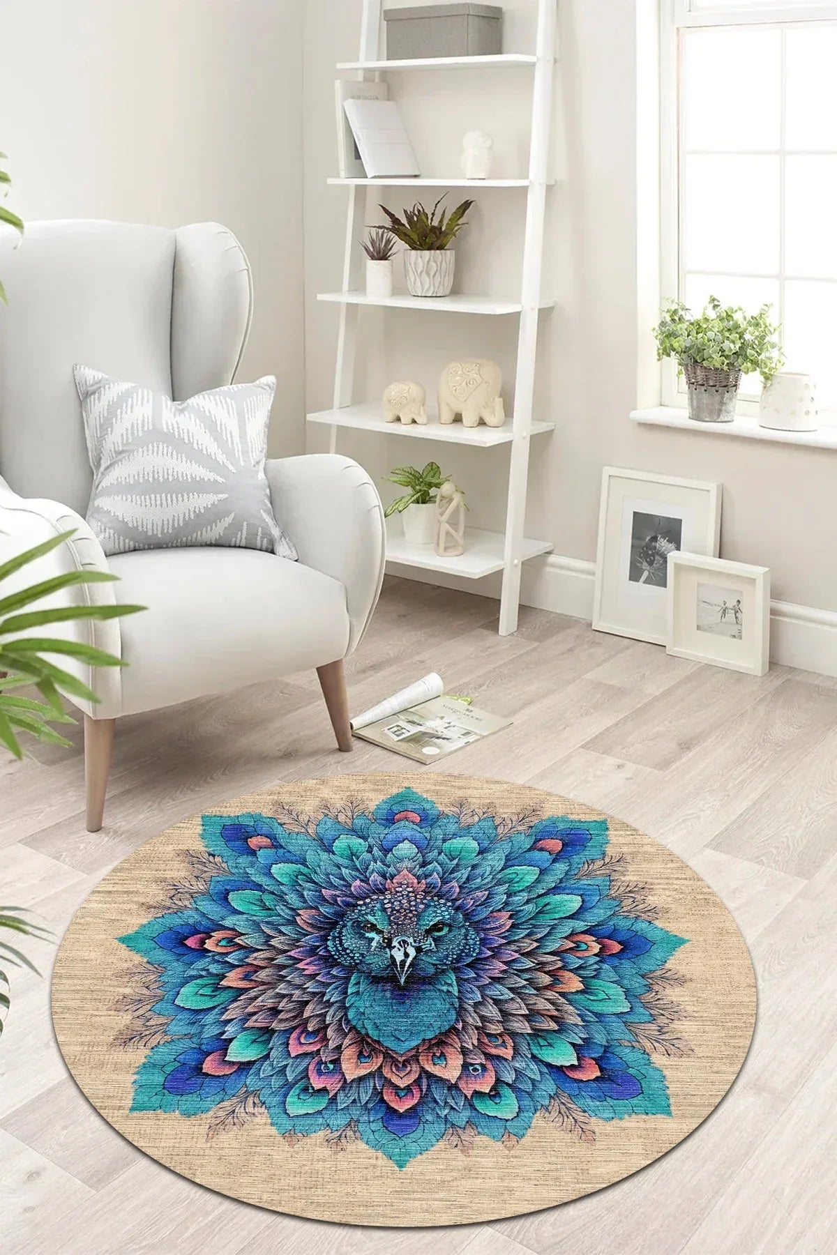 Peacock Modern Şönil Pamuk Tabanlı Yıkanabilen Kaydırmaz Antibakteriyel Yuvarlak Halı - Aydahome