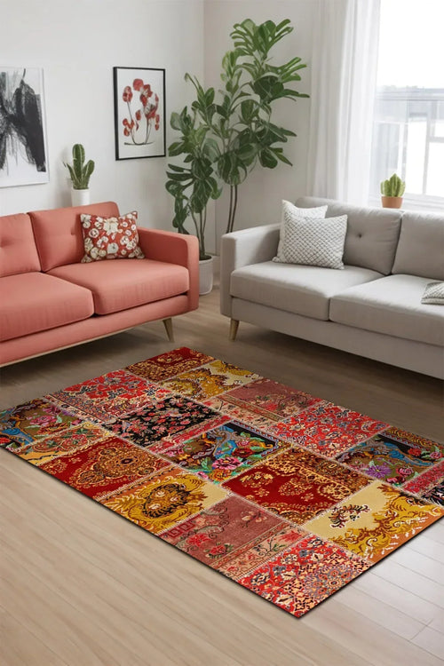 Silena Patchwork Desenli Pamuk Tabanlı Yıkanabilen Kaydırmaz Antibakteriyel Şönil Salon Halısı - Aydahome