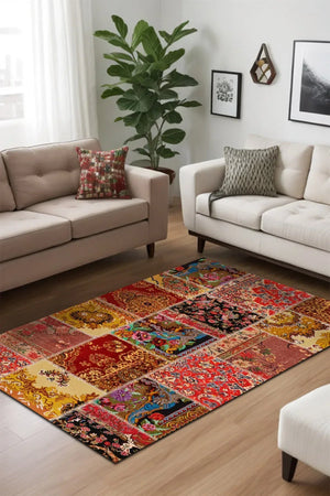 Silena Patchwork Desenli Pamuk Tabanlı Yıkanabilen Kaydırmaz Antibakteriyel Şönil Salon Halısı - Aydahome