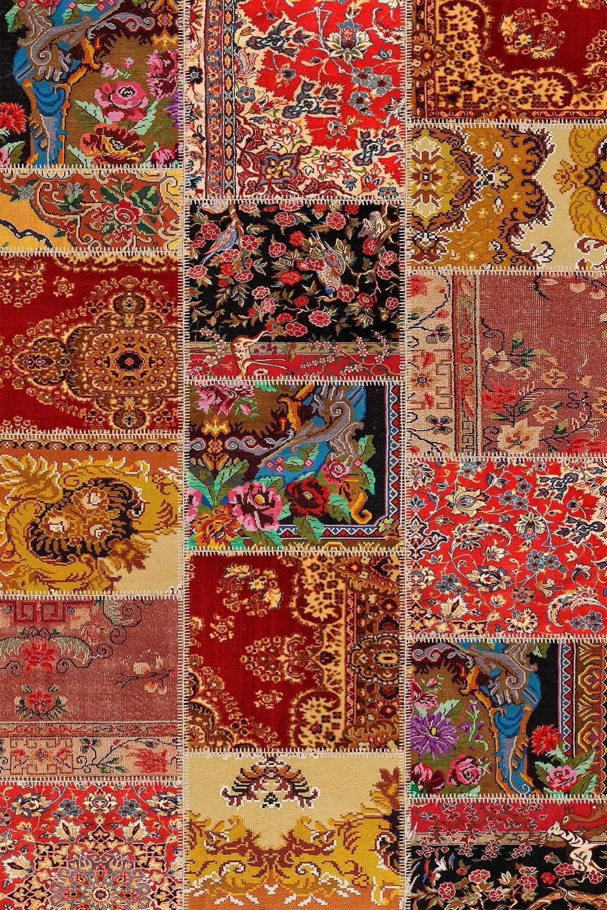 Silena Patchwork Desenli Pamuk Tabanlı Yıkanabilen Kaydırmaz Antibakteriyel Şönil Salon Halısı - Aydahome