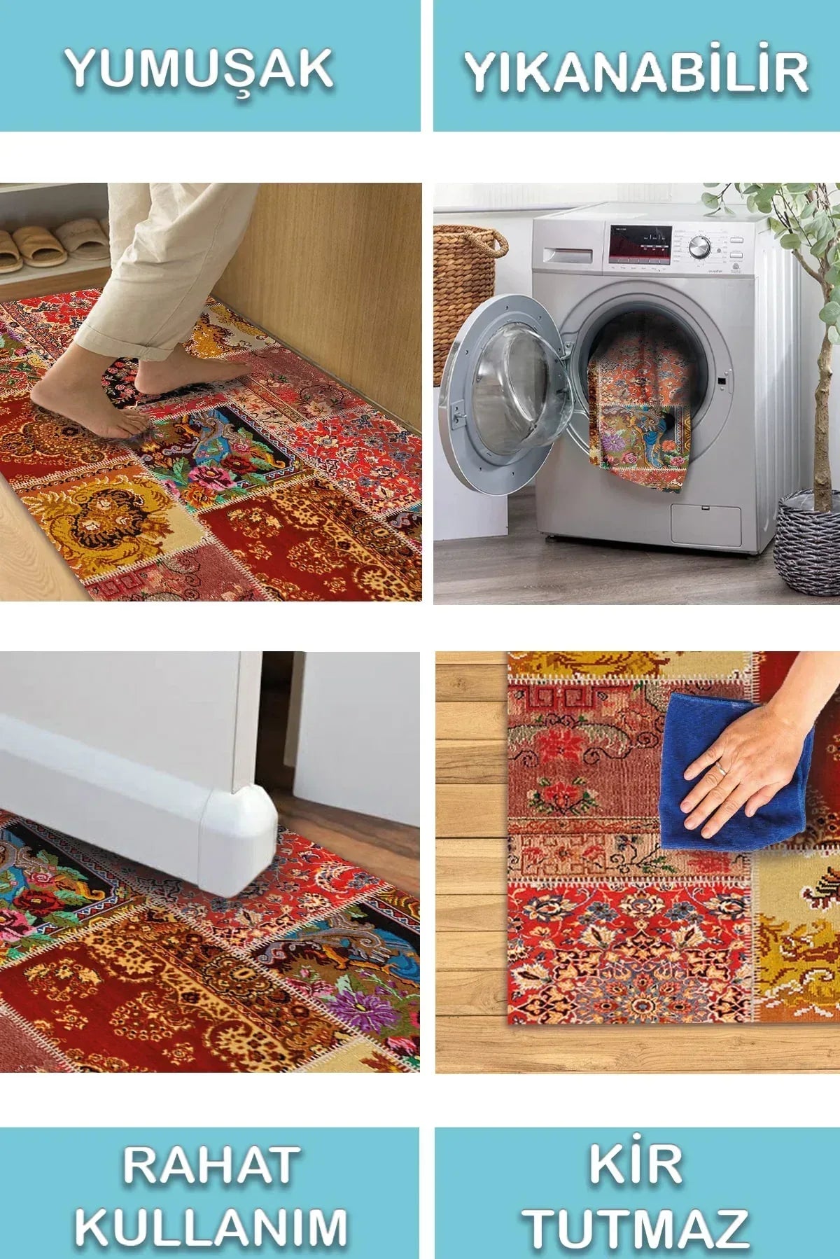 Silena Patchwork Desenli Pamuk Tabanlı Yıkanabilen Kaydırmaz Antibakteriyel Şönil Salon Halısı - Aydahome