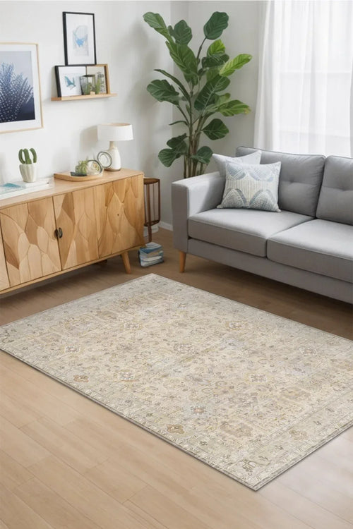 Ryella Vintage Desenli Şönil Pamuk Tabanlı Yıkanabilen Kaydırmaz Antibakteriyel Salon Halısı - Aydahome
