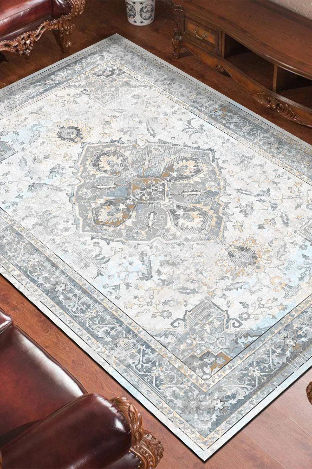 Sarande Vintage Desenli Şönil Pamuk Tabanlı Yıkanabilen Kaydırmaz Antibakteriyel Salon Halısı - Aydahome