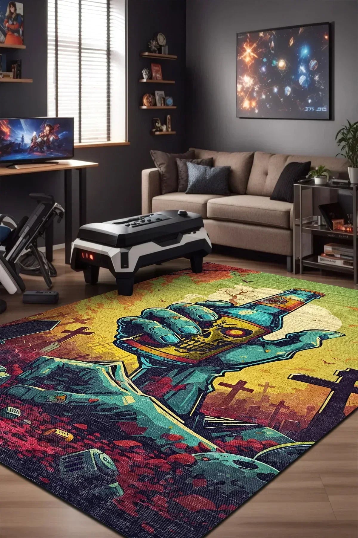 Zombi Modern Şönil Gamer Halısı Pamuk Tabanlı Yıkanabilen Kaymaz Genç Odası Oyuncu Gaming Halısı - Aydahome