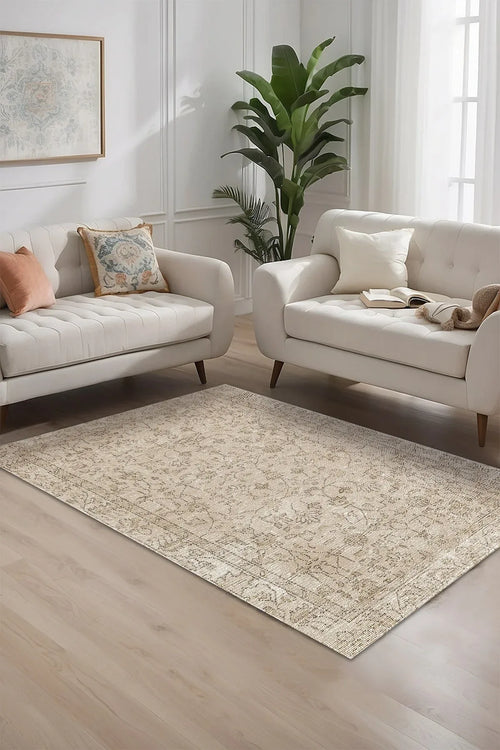 Ginato Vintage Bej Pamuk Tabanlı Yıkanabilen Kaydırmaz Antibakteriyel Şönil Salon Halısı - Aydahome
