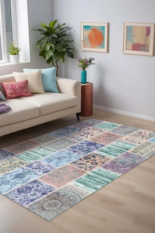 Ekos Patchwork Desenli Pamuk Tabanlı Yıkanabilen Kaydırmaz Antibakteriyel Şönil Salon Halısı - Aydahome
