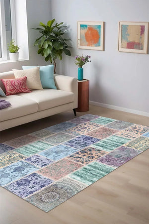 Ekos Patchwork Desenli Pamuk Tabanlı Yıkanabilen Kaydırmaz Antibakteriyel Şönil Salon Halısı - Aydahome