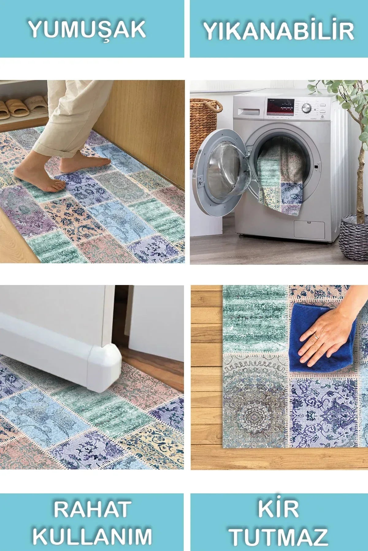 Ekos Patchwork Desenli Pamuk Tabanlı Yıkanabilen Kaydırmaz Antibakteriyel Şönil Salon Halısı - Aydahome